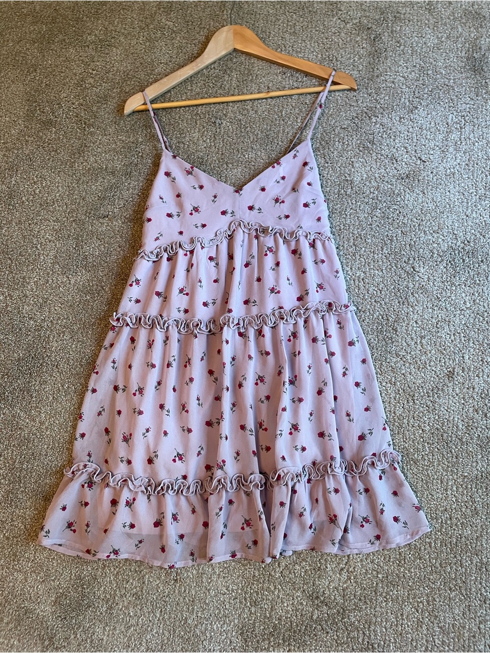 Row A/Trixxi Mauve Floral Ruffle Tiered Mini Sun Dress with Red Rose Print Sz M